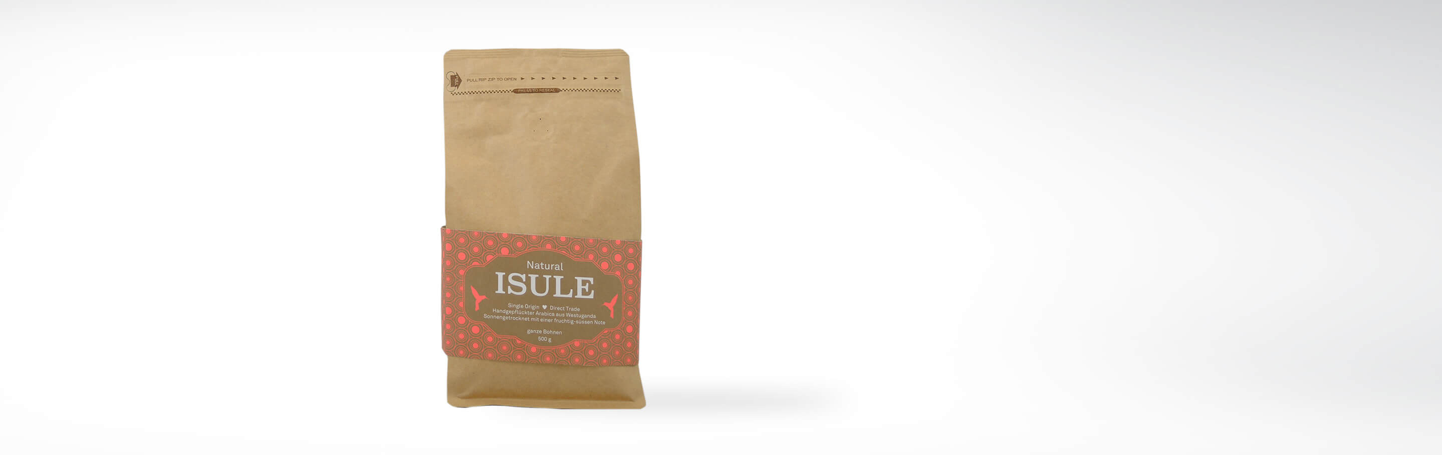 Verpackung des Isule Kaffees, handgepflückter Arabica aus Westuganda, sonnengereift mit fruchtig-nussiger Note, 500 g ganze Bohnen