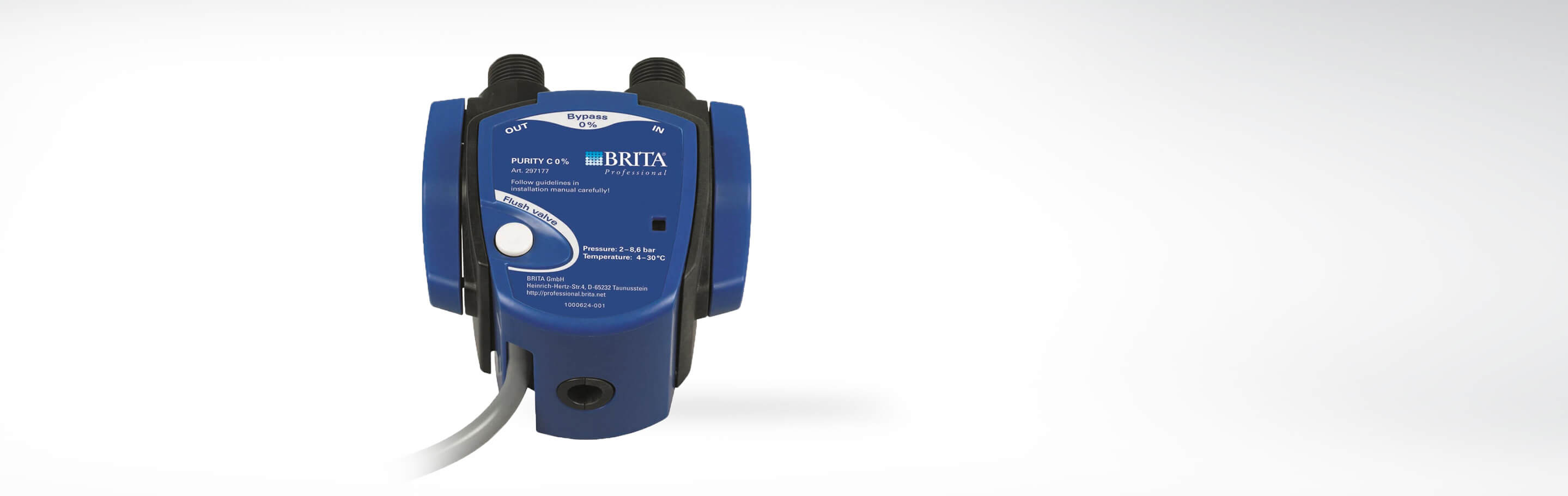 BRITA Professional Wasserfilterkartusche Purity C 0% für die gewerbliche Nutzung mit Druckangabe und Temperaturbereich.