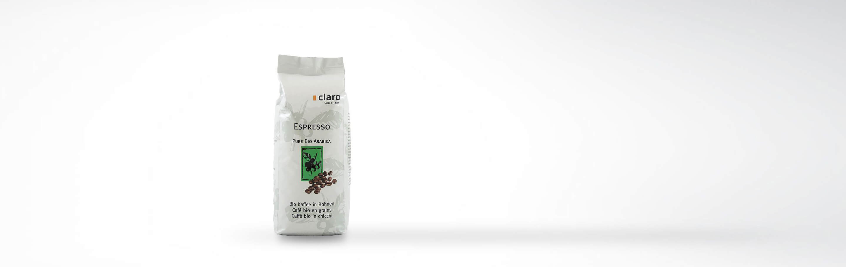 Eine Packung Claro Fair Trade Espresso aus Pure Bio Arabica Bohnen.