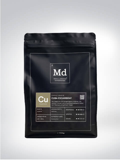 Schwarze Kaffeeverpackung der Marke Maillardos, Sorte Cuba Escambray, 500g, mit Aromaprofil und Zubereitungshinweisen