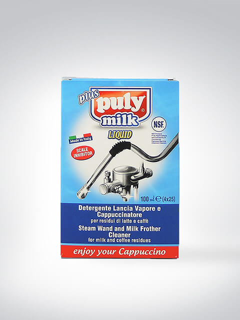 Verpackung von Puly Milk Liquid, einem Reiniger für Dampflanzen und Milchaufschäumer zur Entfernung von Milch- und Kaffeerückständen.