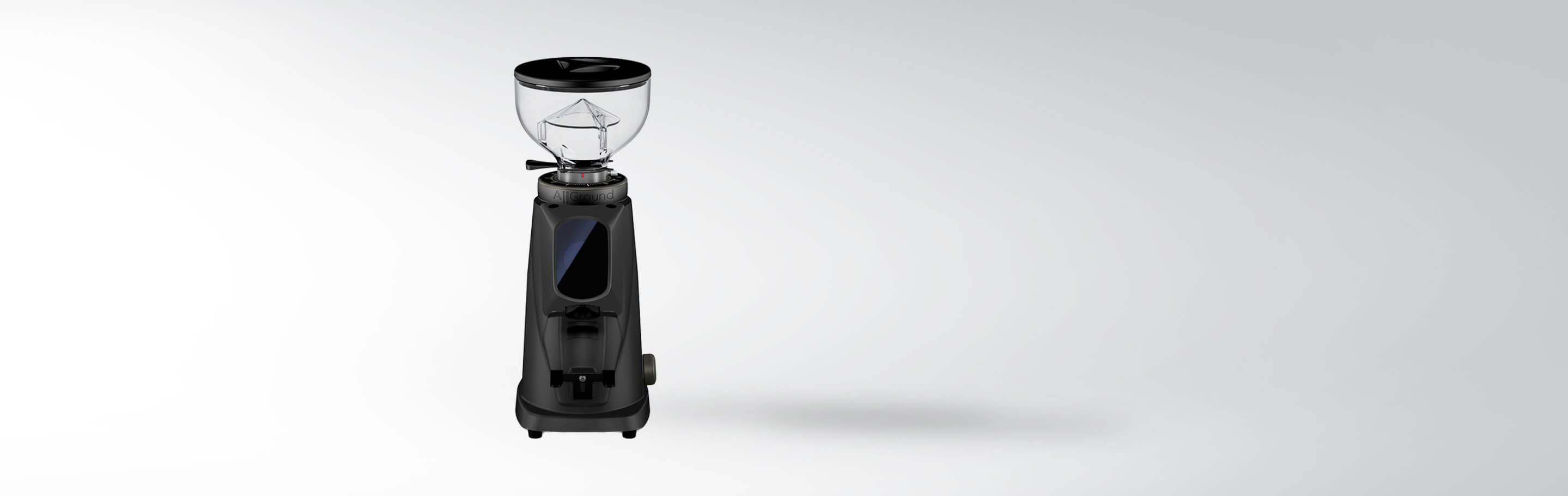 Elektrische Kaffeemühle in Schwarz mit Klarsichtbehälter und modernem Design auf grauem Hintergrund