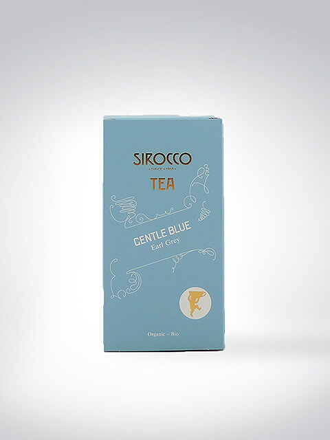 Verpackung des Sirocco Gentle Blue Earl Grey Tees, biologisch produziert