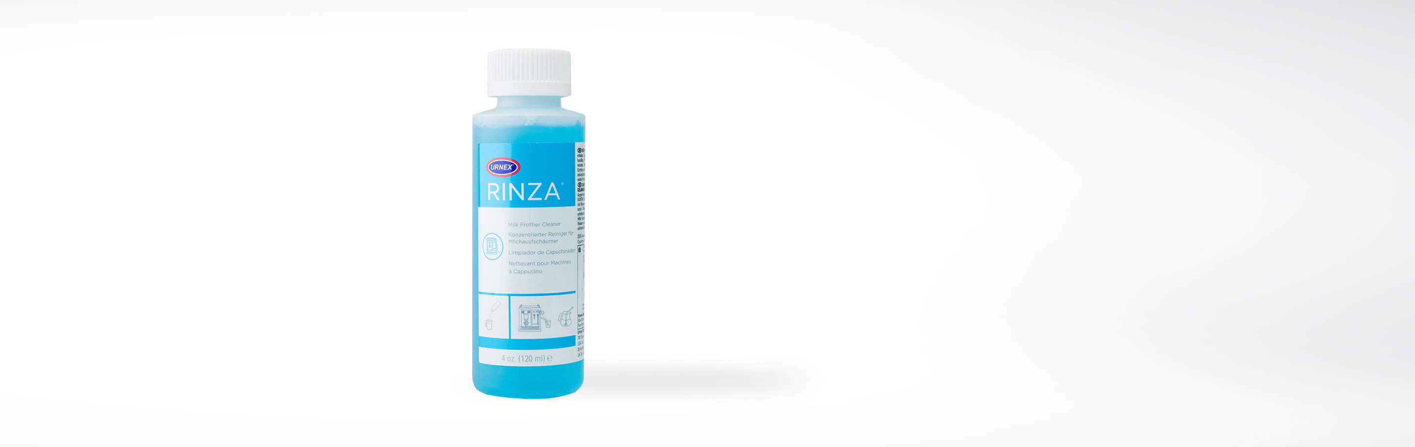 Flasche Urnex Rinza Milchaufschäumer-Reiniger 120 ml auf weißem Hintergrund