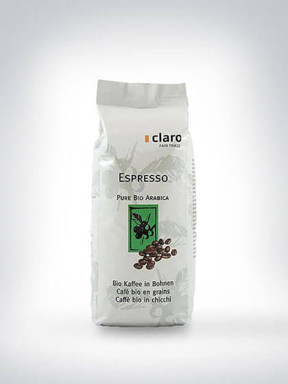 Verpackung von Claro Fair Trade Espresso Pure Bio Arabica Kaffee in Bohnen, 500g