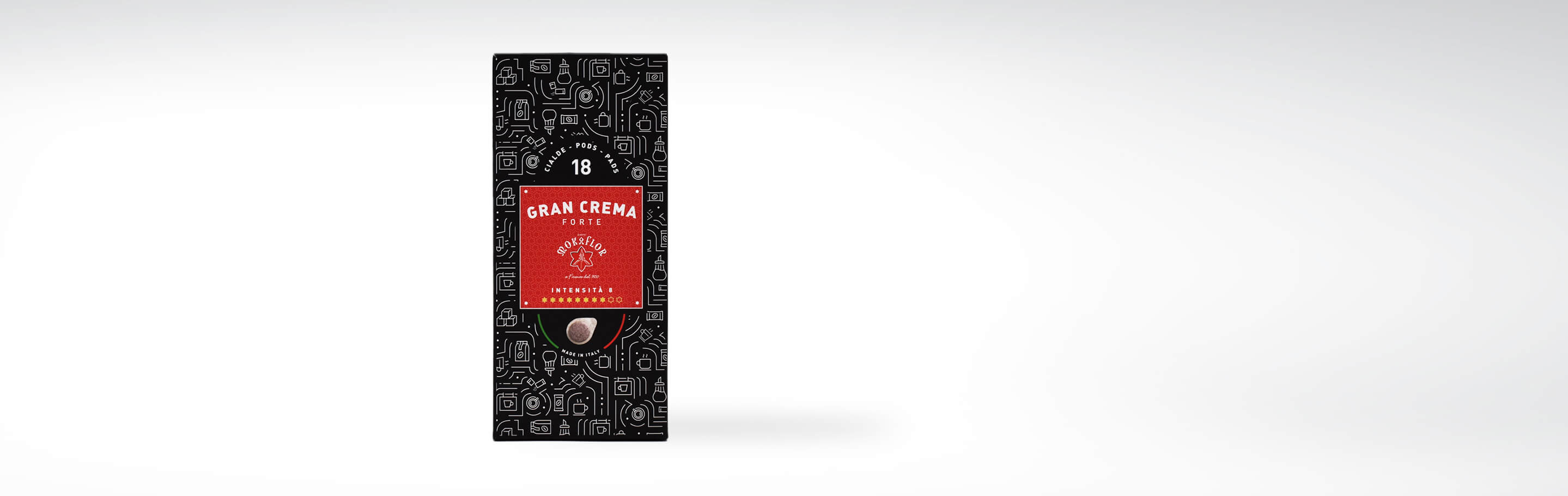 Packung Gran Crema Forte Kaffeepads mit dekorativem Design