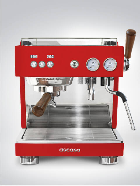 Stylische rote Siebträger-Kaffeemaschine von Ascaso mit Holzgriffen und Edelstahl-Elementen