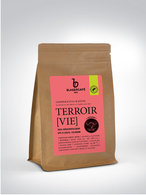 Packung Blasercafé Terroir VIE Kaffee, 100% rückverfolgbar, mit pinkem Etikett