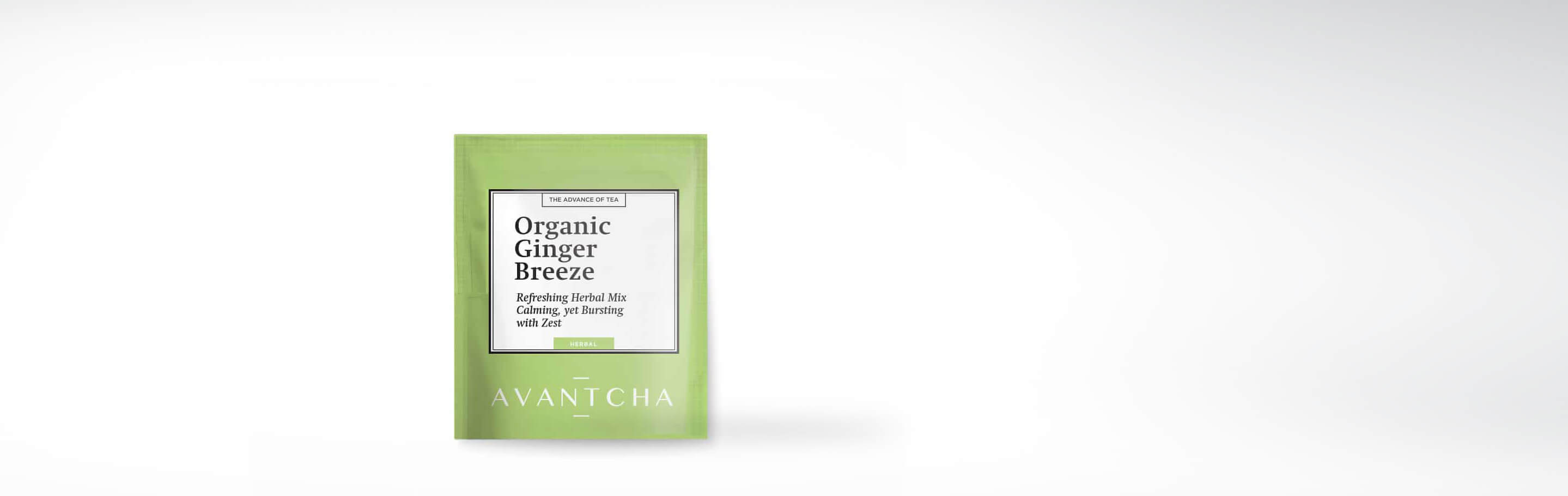 Beutel mit AVANTCHA Bio Ingwerbrise Kräutertee, eine erfrischende Mischung mit beruhigender und zitrusartiger Note.