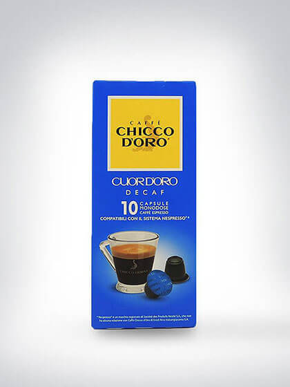 Verpackung von Chicco d'Oro Cuor d'Oro entkoffeinierten Kaffeekapseln, kompatibel mit Nespresso-Systemen, 10 Stück