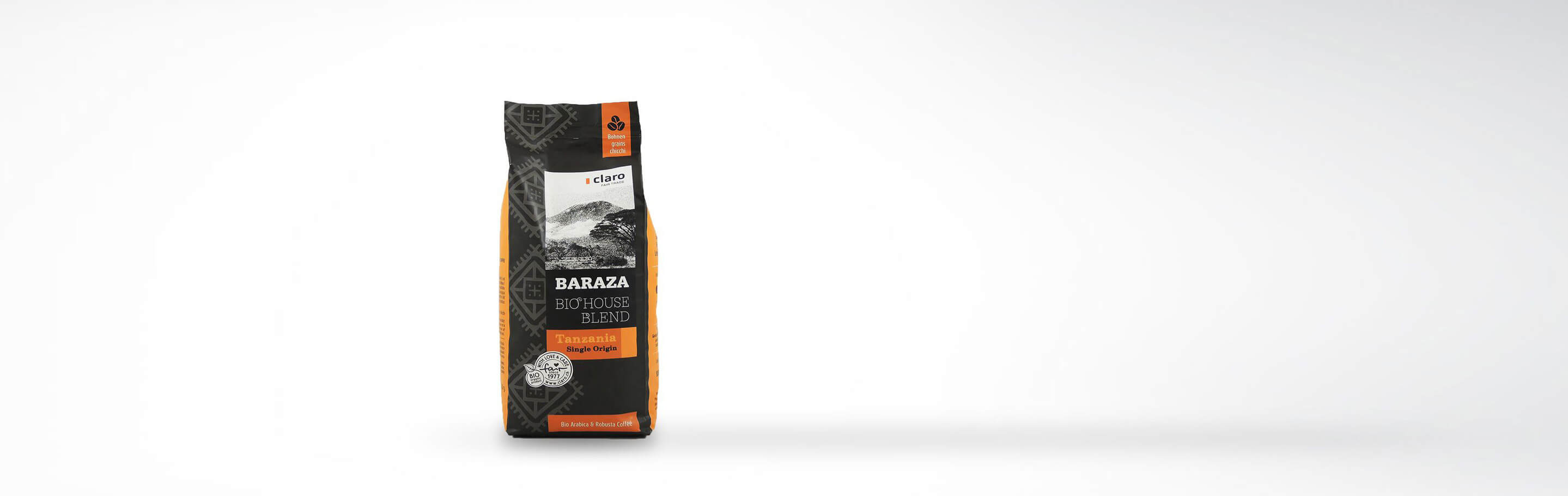 Eine Packung Baraza Bio House Blend Kaffee, ein Single Origin Kaffee aus Tansania, von Claro Fairtrade, 250g
