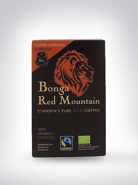 Verpackung der Bonga Red Mountain Espresso Kapseln mit Löwenmotiv und Fairtrade-Logo