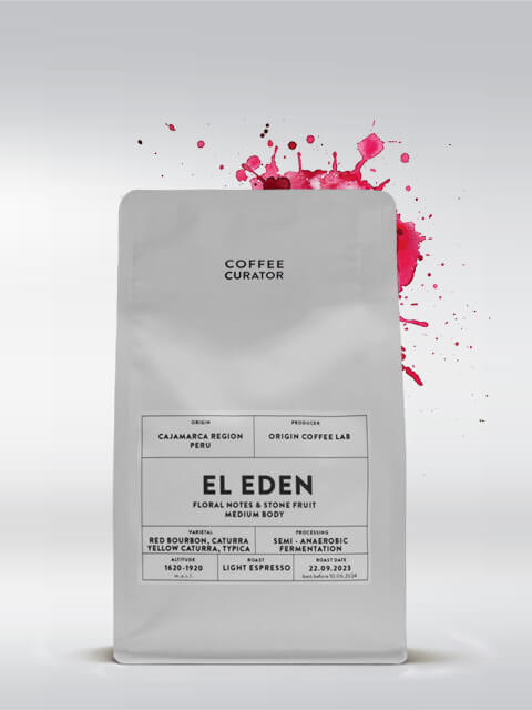 Kaffeeverpackung von El Eden mit floralen Noten und Steinfrucht, mittelkräftig, von Coffee Curator aus Cajamarca, Peru