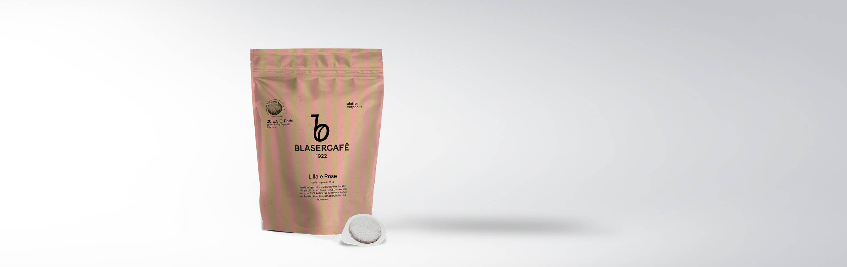 Verpackung von Blasercafé 1922 Lilla e Rose mit Kaffeepads, 20 E.S.E. Pods, aromaversiegelt.