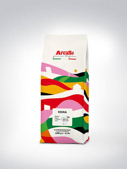Bunte 1000-g-Verpackung von Arcaffè Roma Kaffeebohnen