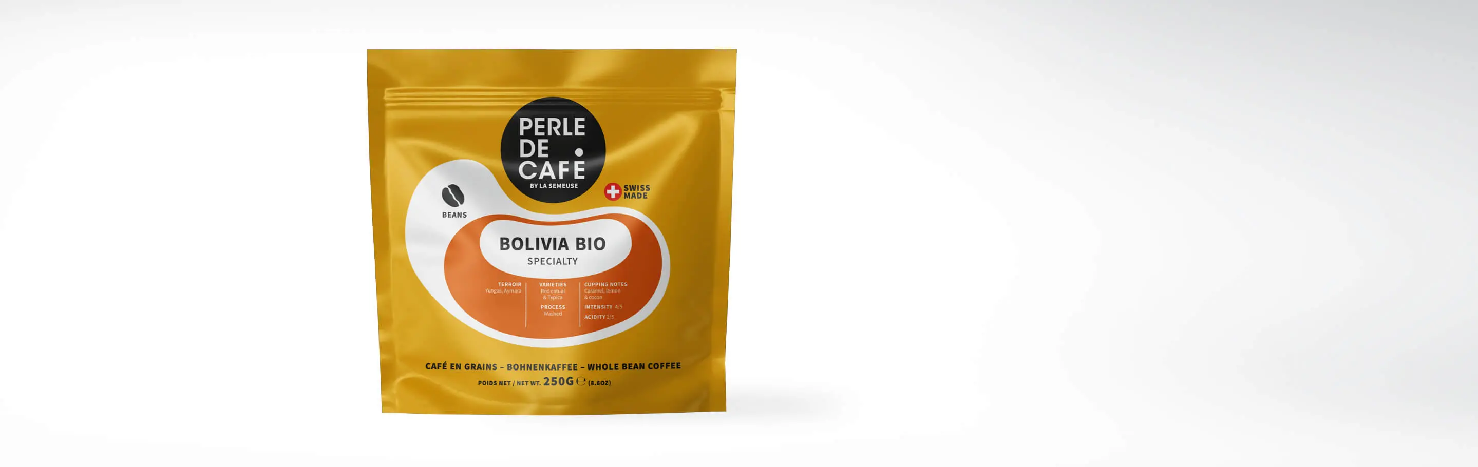 Verpackung von Perle de Café Bolivia Bio Bohnenkaffee, 250g, mit Noten von Karamell, Zitrone und Kakao