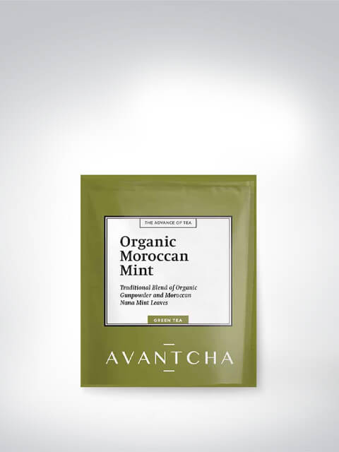 Verpackung von AVANTCHA Organic Moroccan Mint, einer traditionellen Mischung aus Bio-Gunpowder und marokkanischen Nanaminzblättern.