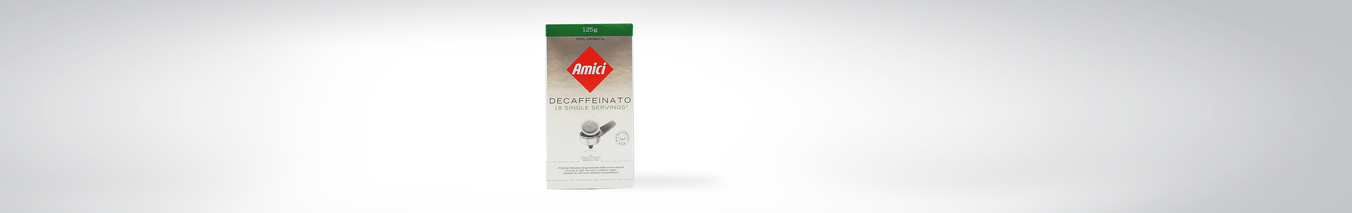 Verpackung der Amici Decaffeinato Kaffeekapseln, 125g. Enthält 18 Einzelportionen.