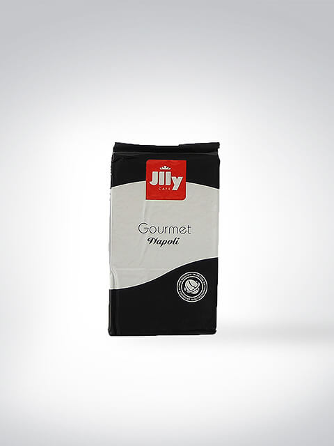Packung Jilly Café Gourmet Napoli Kaffee auf grauem Hintergrund