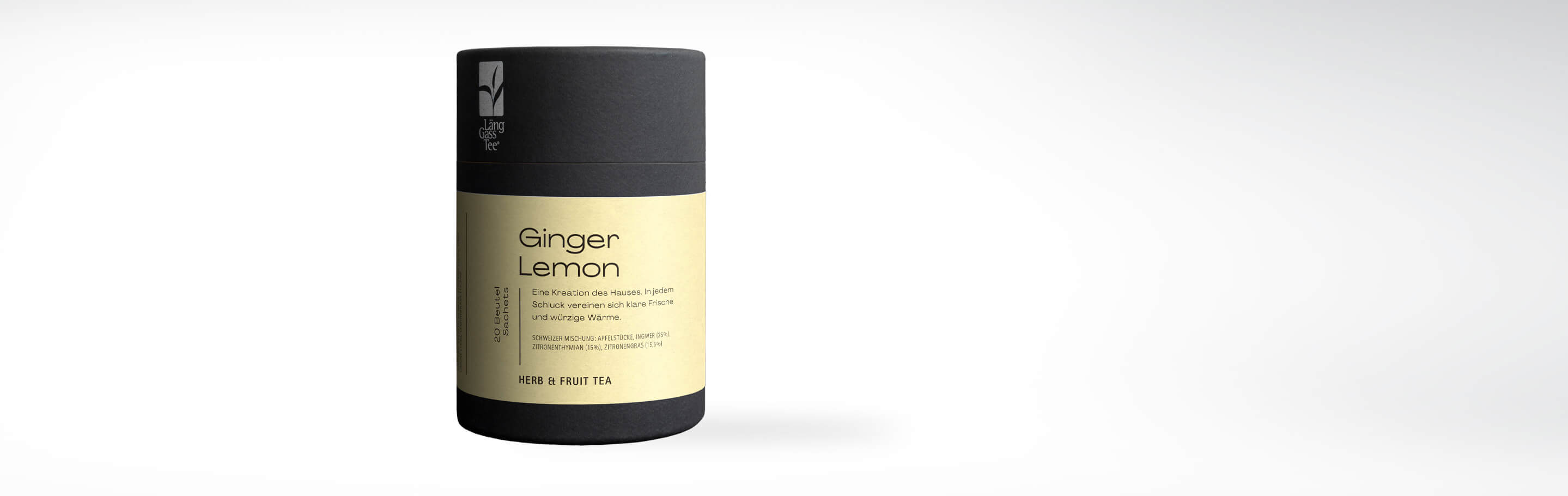 Verpackung des Ginger Lemon Kräuter- und Früchtetees von Länggass-Tee mit 20 Beuteln