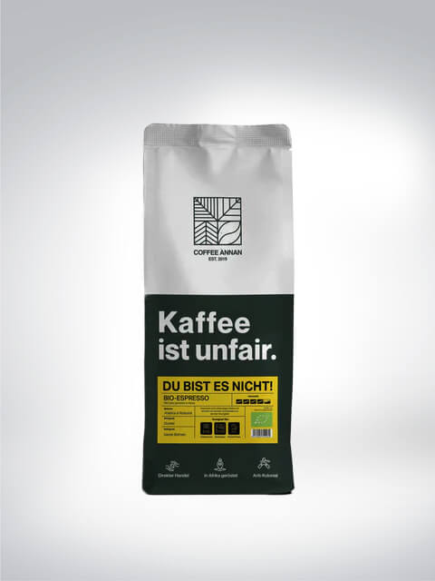 Verpackung des Bio-Espressos von Coffee Annan mit der Aufschrift: Kaffee ist unfair, du bist es nicht.