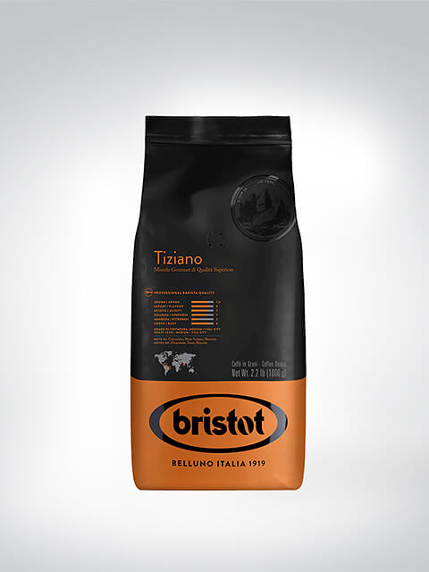 Verpackung der Bristot Tiziano Kaffeebohnen 1 kg, italienische Qualitätsmischung