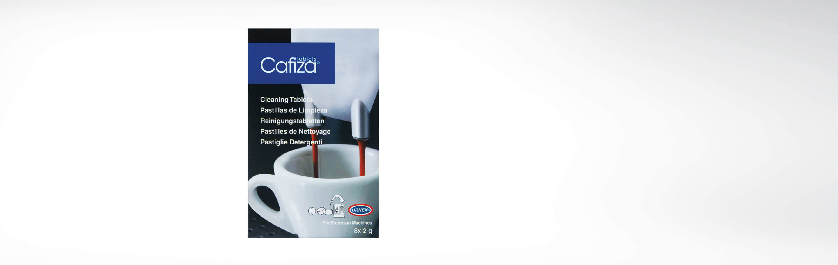 Verpackung von Cafiza Reinigungstabletten für Espressomaschinen