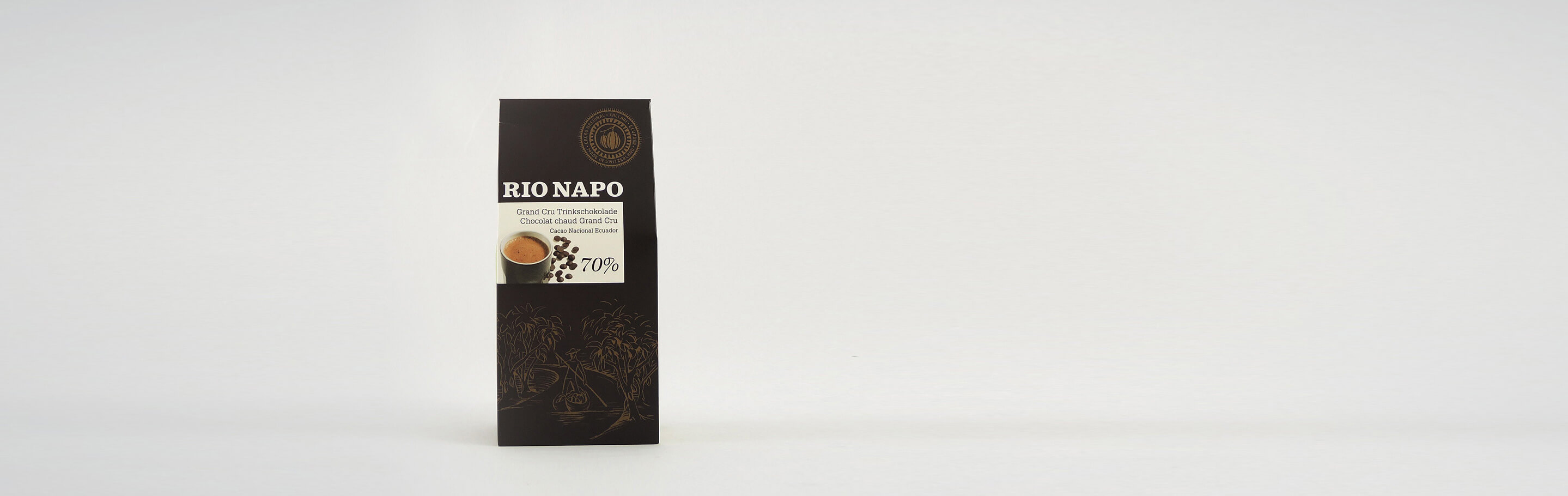 Verpackung der Rio Napo Grand Cru Trinkschokolade mit 70% Kakaoanteil, Cacao Nacional aus Ecuador