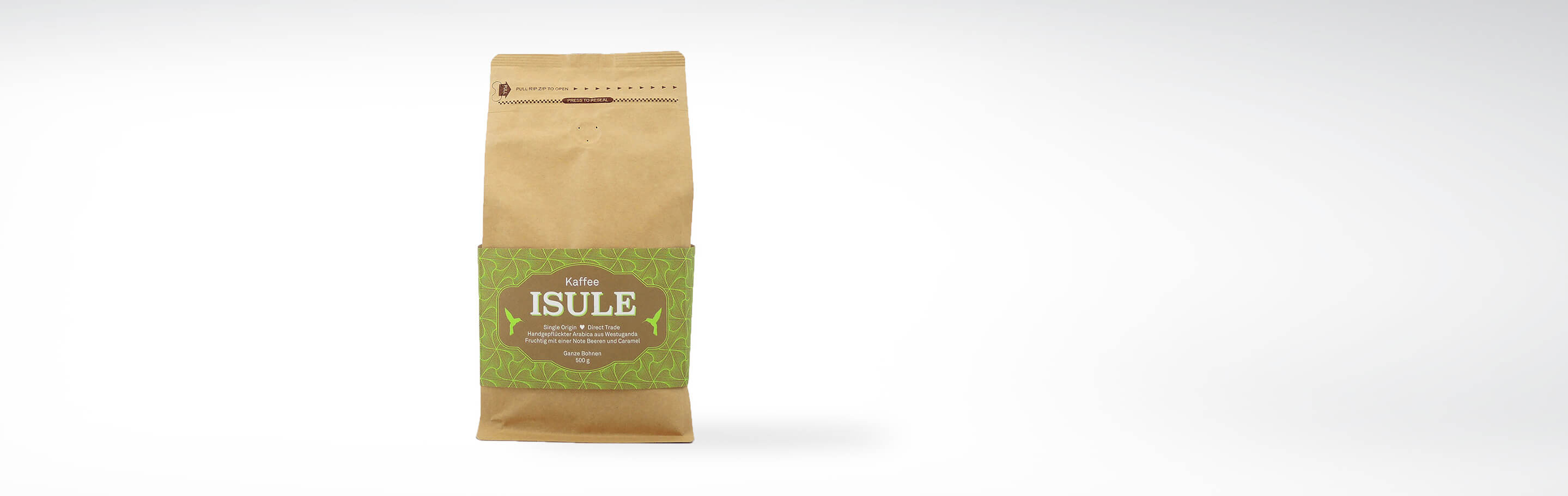 Packung ISULE Kaffee, ganze Bohnen, 500g, aus Uganda mit Noten von Beeren und Karamell