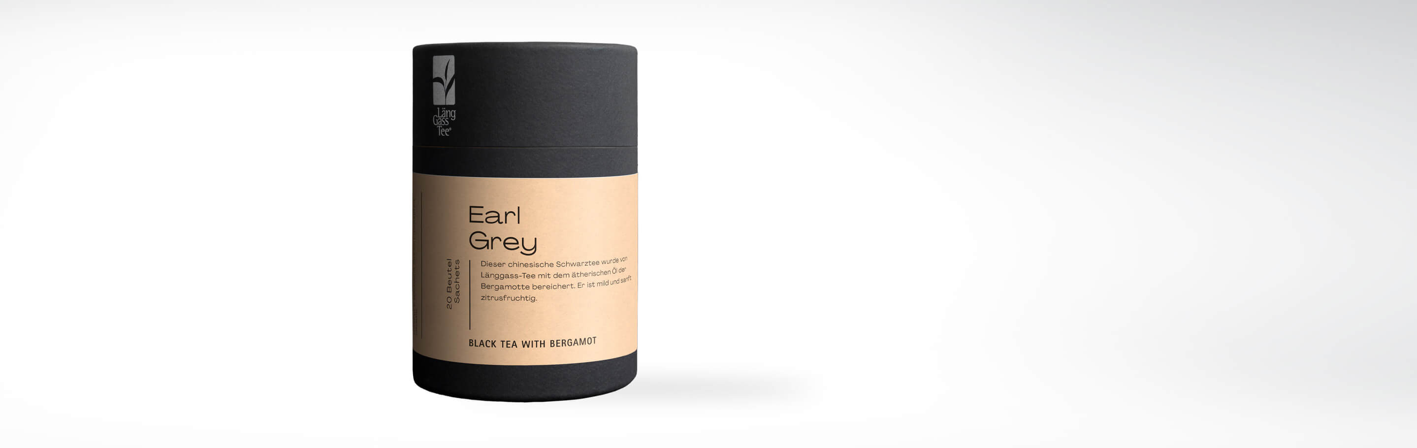 Verpackung von Länggass Tee Earl Grey Schwarzer Tee mit Bergamotte auf weißem Hintergrund