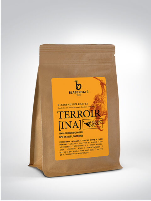Verpackung von Blasercafé Terroir Kaffee, Indonesien.