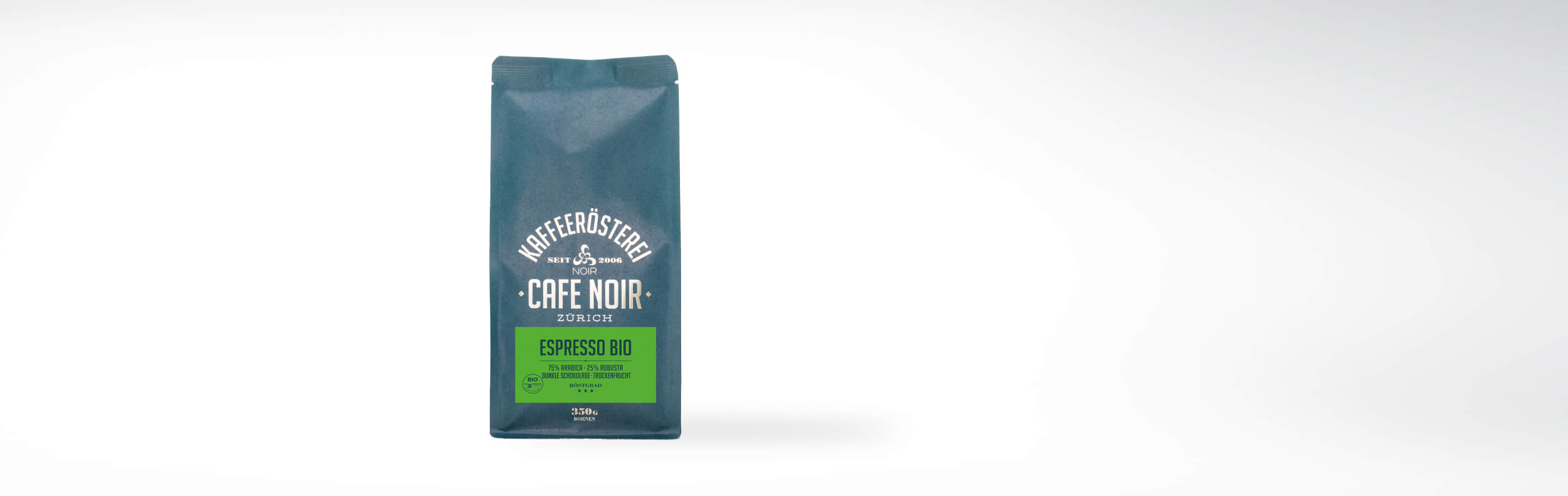 Verpackung von Cafe Noir Espresso Bio Kaffee, 350g, Mischung aus 75% Arabica und 25% Robusta, Geschmacksnoten von dunkler Schokolade und Trockenfrüchten