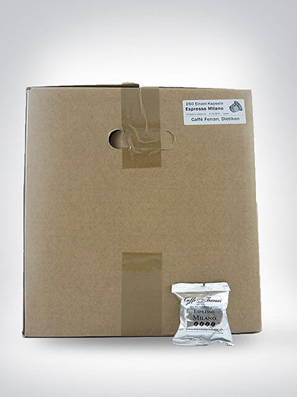 Großpackung 250 E.S.E. Kaffeepads Espresso Milano und einzelne Pad-Verpackung von Caffè Ferrieri