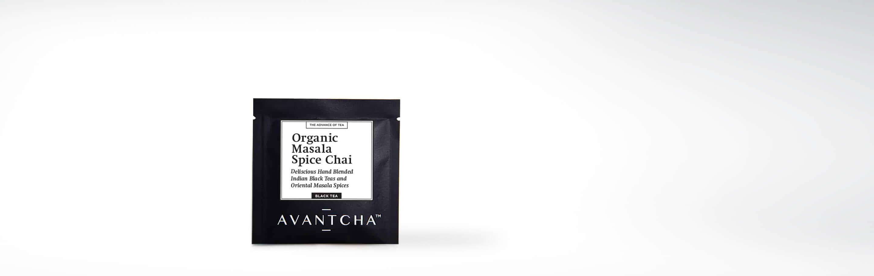 Einzelverpackung des organischen Masala Spice Chai von AVANTCHA, schwarzer Tee mit indischen Gewürzen.