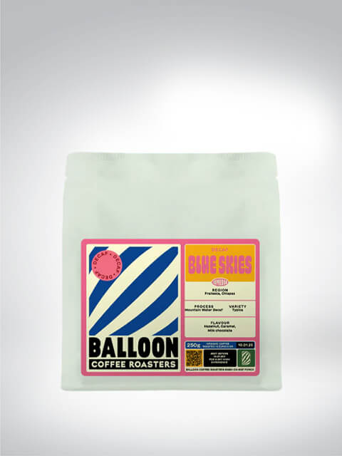 Verpackung von Balloon Coffee Roasters Decaf Blue Skies Kaffee