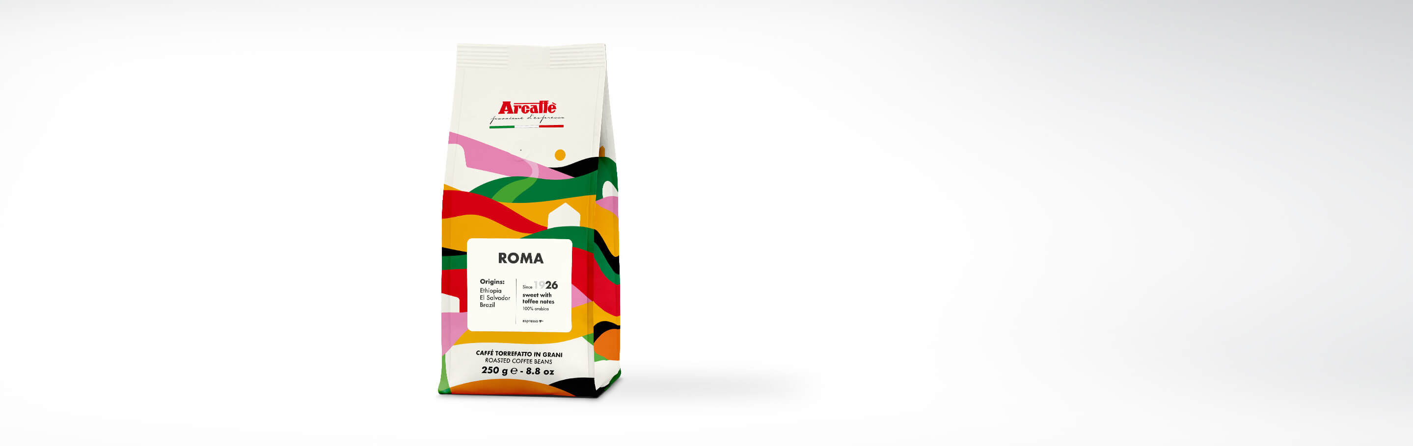 Verpackung von Arcaffè Roma Kaffeebohnen mit Herkunftsländern Äthiopien, El Salvador und Brasilien, 250g