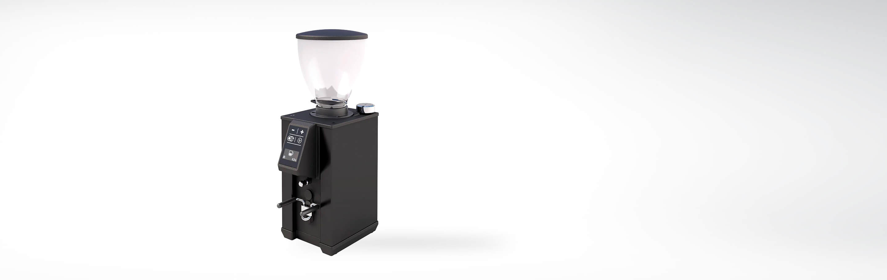 Elektrische Kaffeemühle mit digitalem Display und großem Bohnenbehälter auf weißem Hintergrund