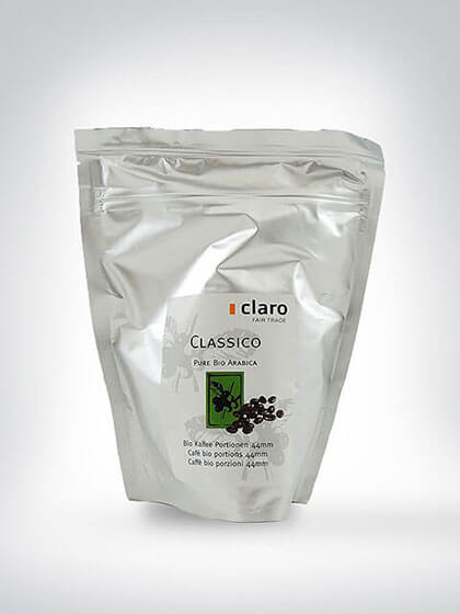 Verpackung Claro Fair Trade Bio Kaffee Classico, 100% Arabica, 44 g Portionen