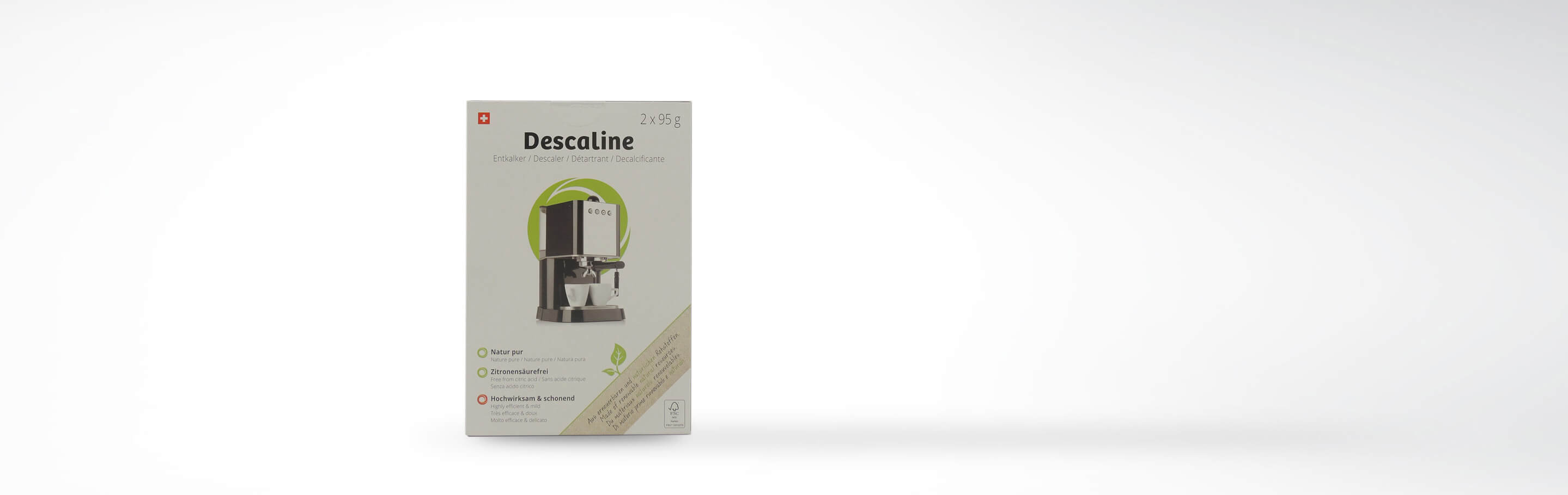 Verpackung des Descaline Entkalkers, naturrein und hochwirksam für Kaffeemaschinen