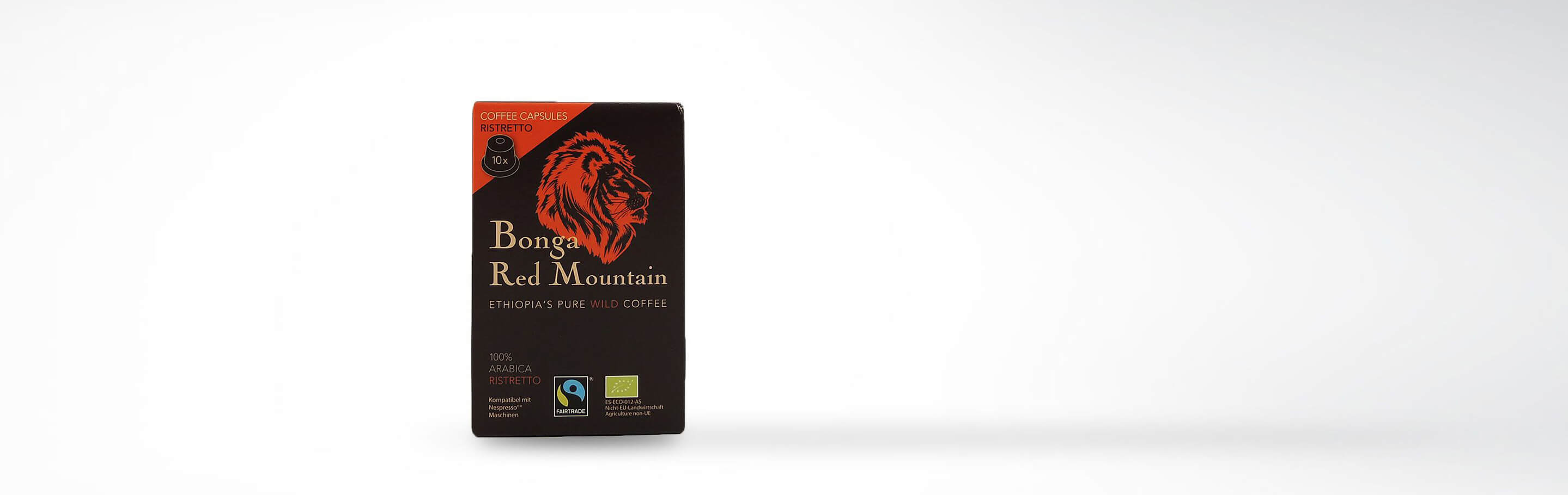 Bonga Red Mountain Kaffeekapseln Ristretto, Verpackung mit Löwenmotiv, 10 Kapseln, Fairtrade-zertifiziert