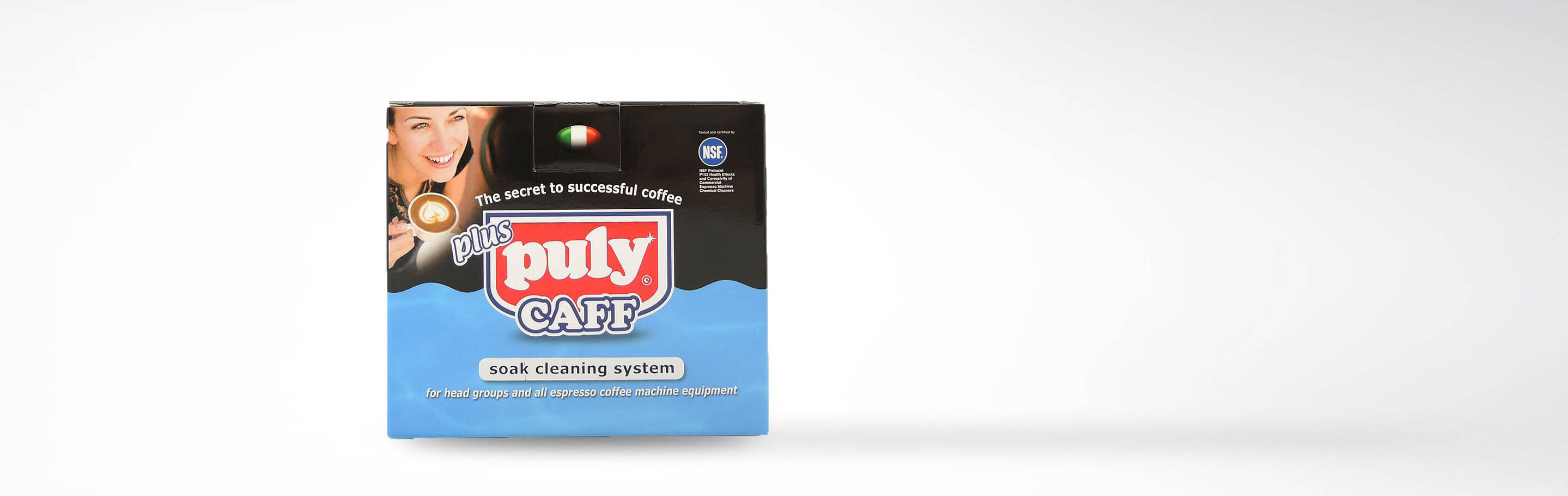 Verpackung des Puly Caff Plus Reinigungssystems, geeignet für Espressomaschinen