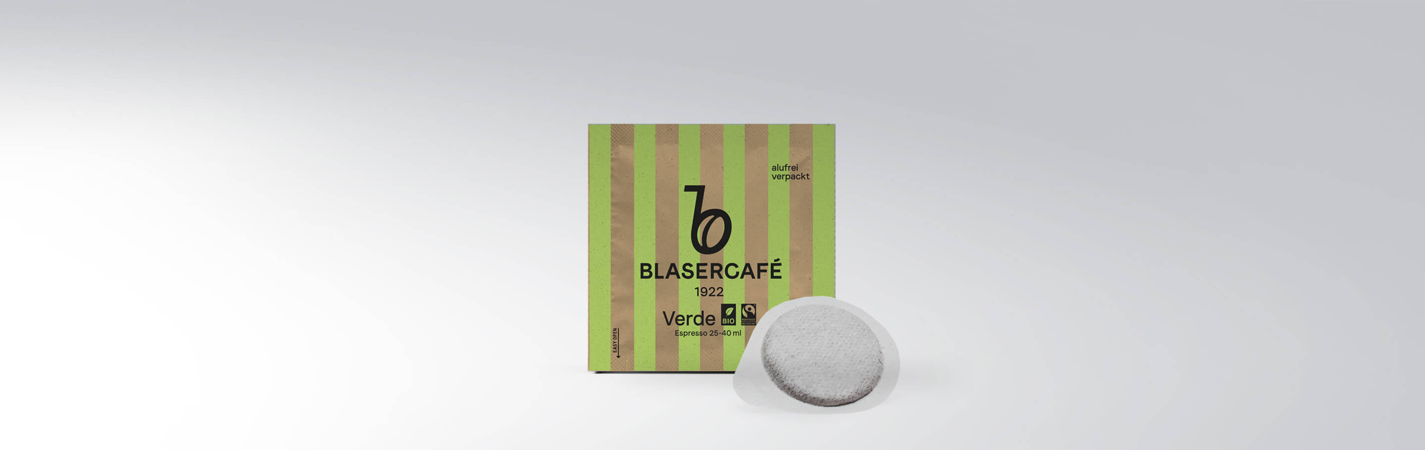 Packung Blasercafé 1922 Verde ESE Espresso Pads mit einer Kaffeepad vorne, bio und Fairtrade, alu-frei verpackt