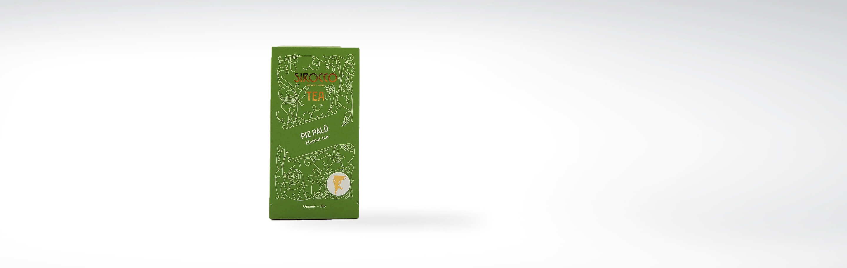 Grüne Verpackung des Sirocco Bio-Kräutertees Piz Palü