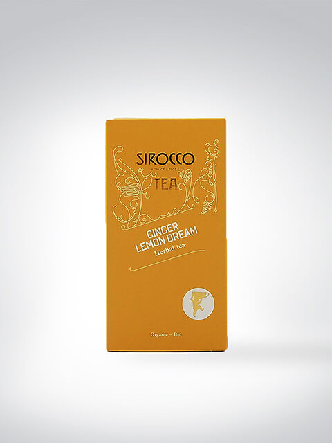 Verpackung des Sirocco Tee Ginger Lemon Dream, Bio-Kräutertee mit Zitrone und Ingwer