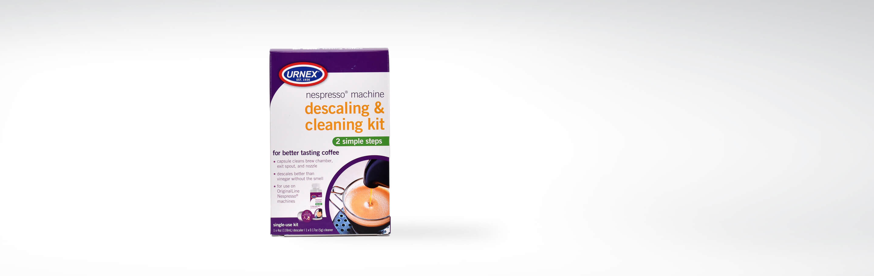 Urnex Entkalkungs- und Reinigungsset, geeignet für Nespresso-Maschinen, zur Verbesserung des Kaffeegeschmacks in zwei einfachen Schritten.