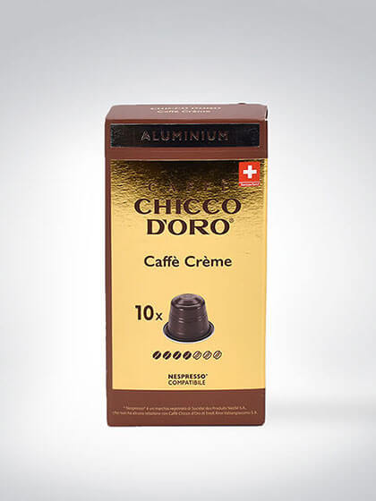 Verpackung von Chicco d'Oro Caffè Crème Kaffeekapseln, 10 Stück, Nespresso kompatibel, goldene und braune Schachtel mit Schweizer Flagge