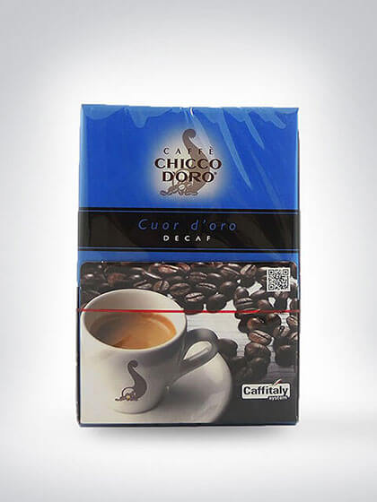 Packung Chicco d'Oro Cuor d'Oro entkoffeinierter Kaffee, 250g, mit Abbildung einer Tasse und Kaffeebohnen